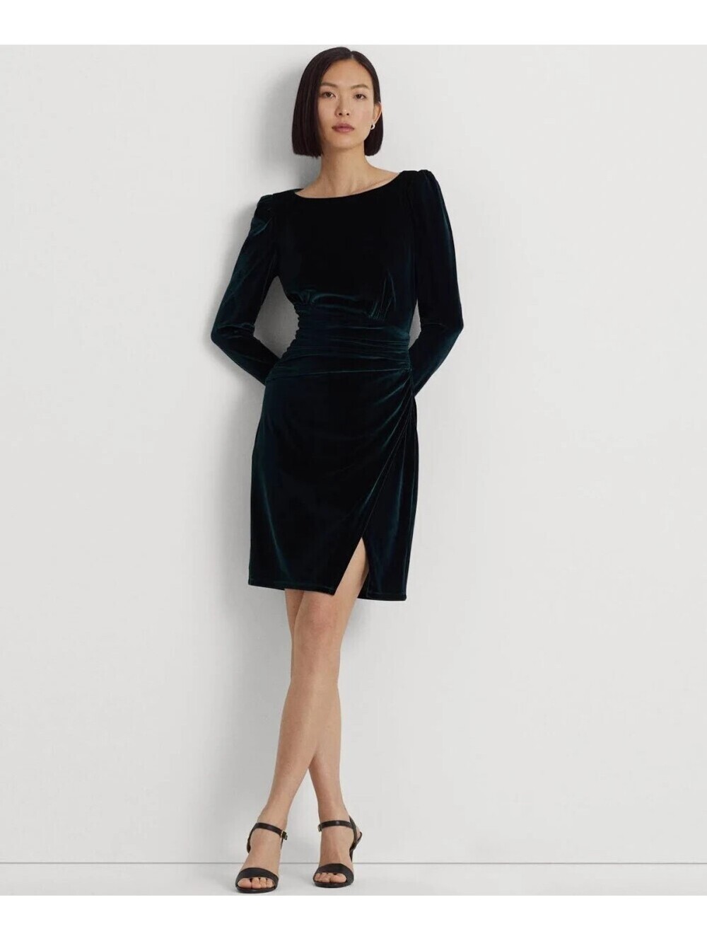 NWT Lauren Ralph Lauren Emerald Green Velvet Ruched Sheath Dress 4